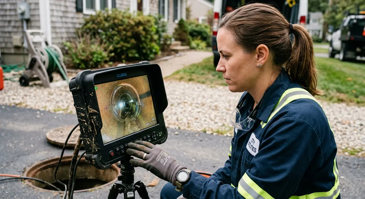 Technician reviewing sewer camera inspection footage in Fort Belvoir