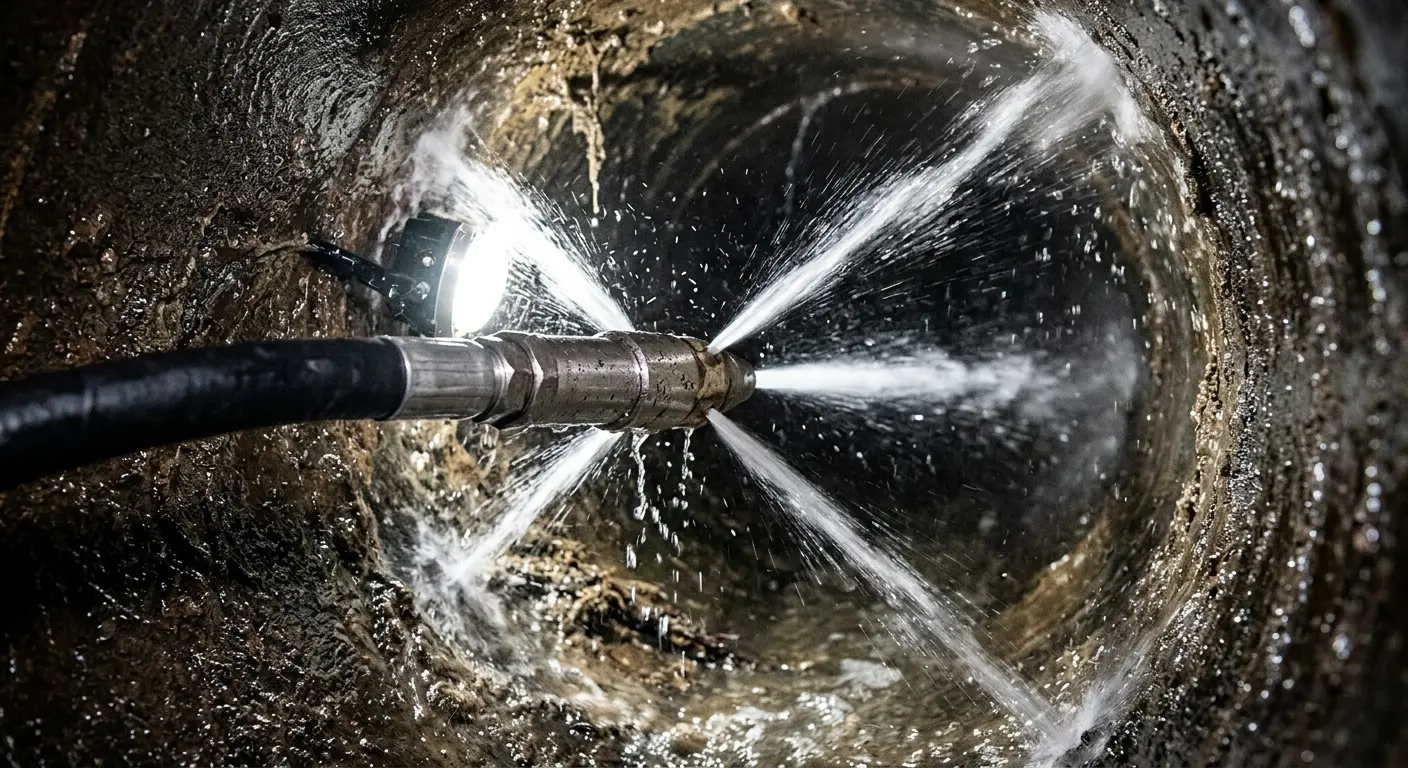 High-pressure hydro jetting nozzle cleaning sewer pipe for Sewer Cleanout in Fort Belvoir