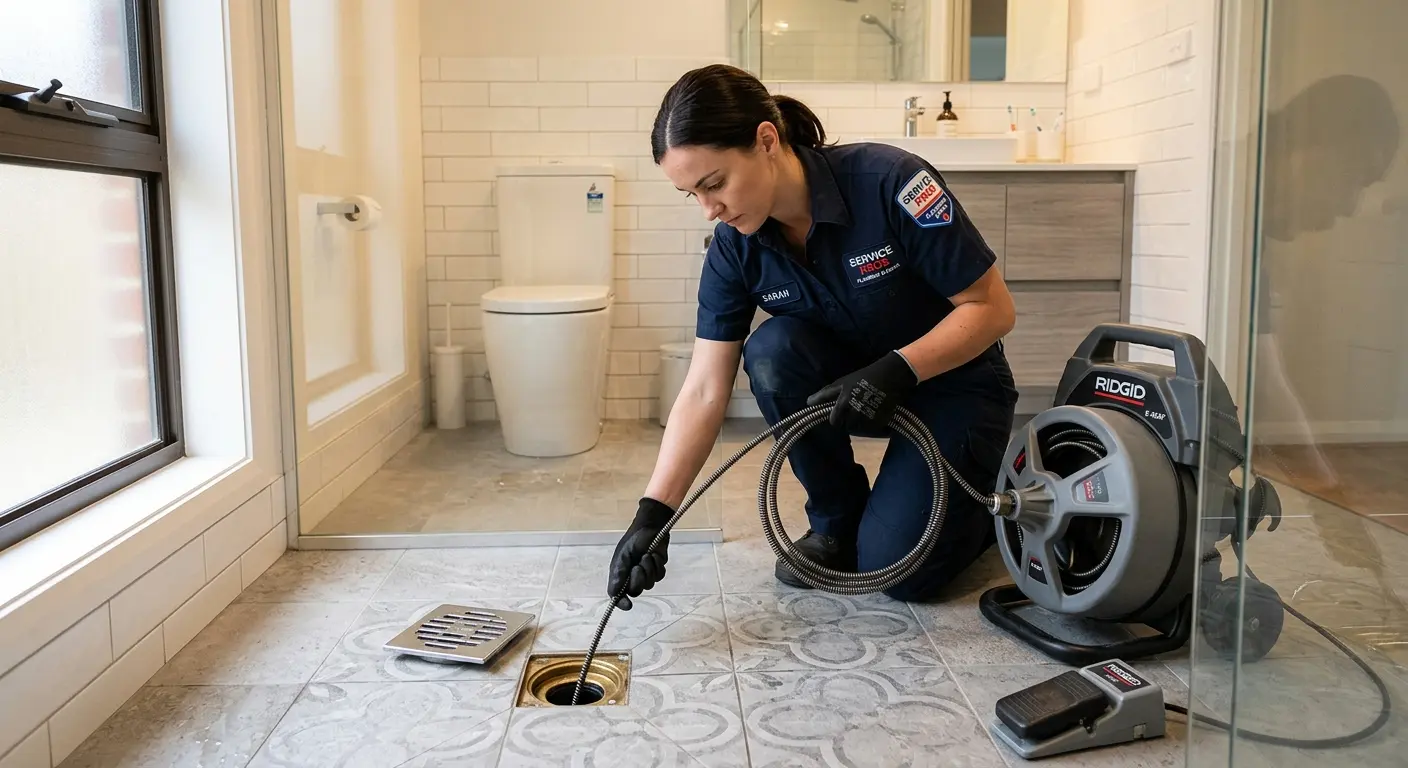 Technician clearing a bathroom floor drain for Sewer Line Installation in Fort Belvoir